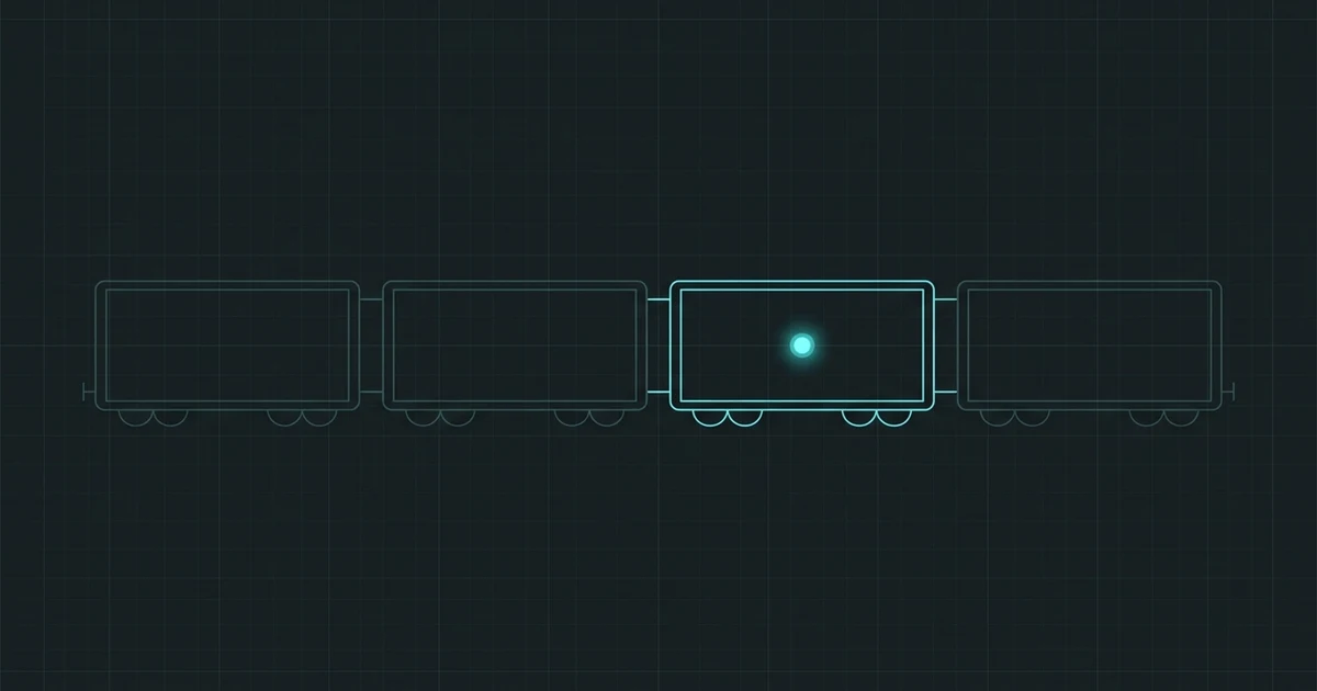 Composición de cuatro coches en planta; solo el tercero aparece iluminado, con un punto de posición dentro.